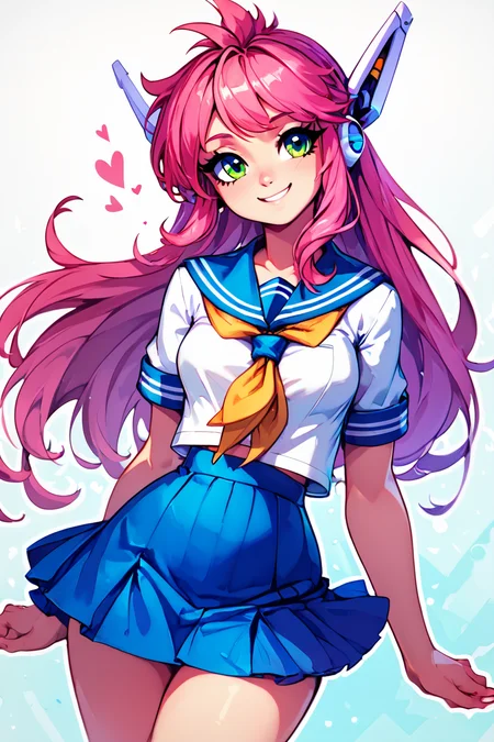 score_9, score_8_up, score_8, medium breasts, (curvy), cute, eyelashes, BREAK, , zzNukuNuku, green eyes, pink hair, long hair, robot ears, school uniform, serafuku, blue skirt, white shirt, <lora:NukuNuku_PDXL:0.8>, , BREAK, smile, looking at viewer, abstract background, white outline, cowboy shot, embedding:zPDXL, Expressiveh, <lora:CatalystStylePDXL:0.6>, <lora:SDXLFaeTastic2400:0.5>, <lora:Expressive_H-000001:0.4>,