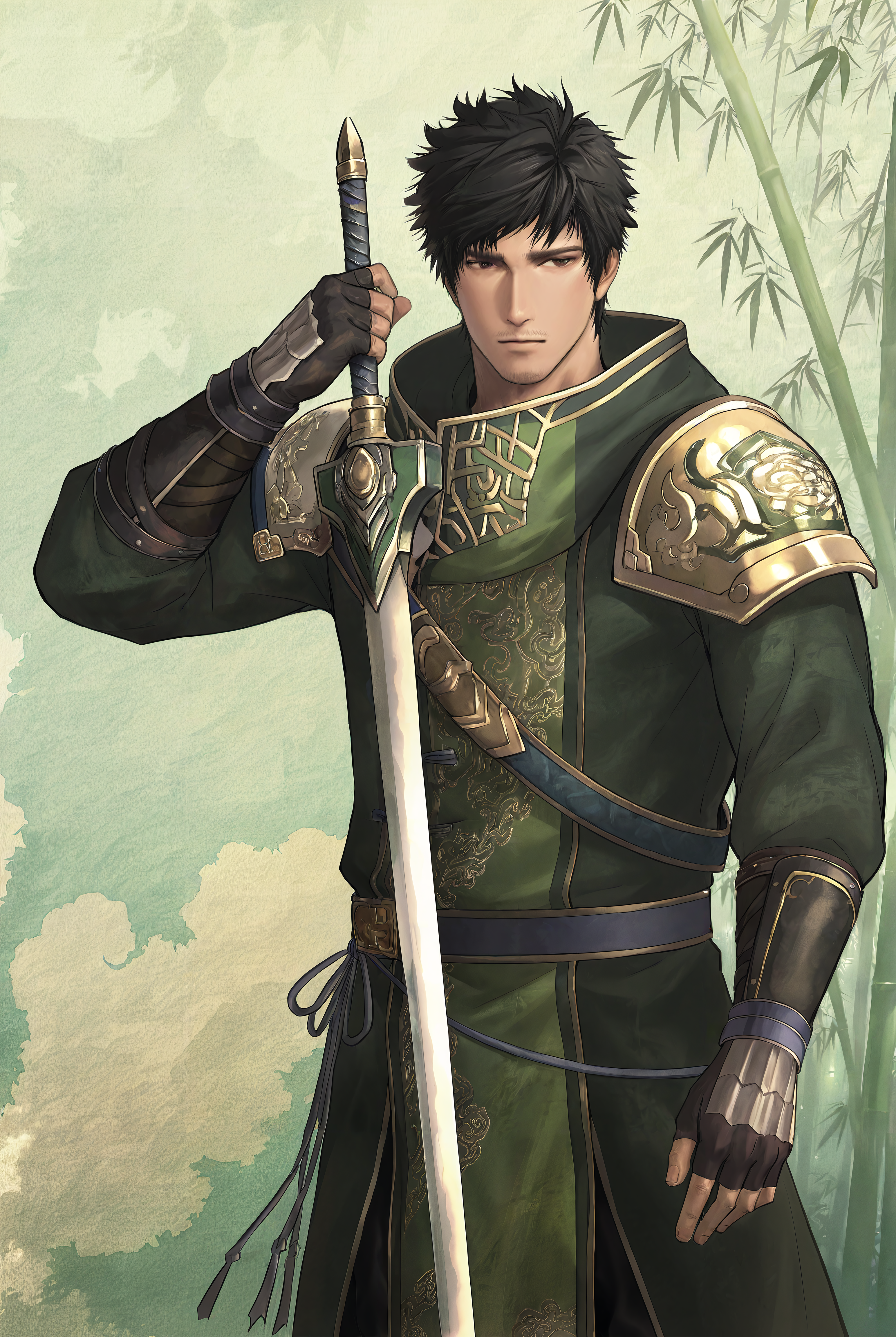 score_9,score_8_up,score_7_up,best quality,ultra-detailed,high resolution,digital painting,8k,1boy,solo,cowboy shot,male focus,bara,detailed face,gloves,fingerless gloves,black hair,armor,dynasty warriors8 xushu,front view,holding,sword,holding sword,green background,bamboo,<lora:add-detail-xl:1>,<lora:Dynasty Warriors XuShu:0.8>,xushu,<lora:League_of_Legends[illustrious]:0.5>,