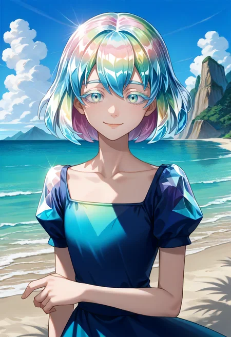 score_9, score_6_up, source_anime, 1girl, beach, island, hskdmnd, crystal hair, colored eyelashes, multicolored hair, short hair, multicolored dress, light smile, collarbone <lora:HousekiNoKuni_Diamond_PDXL:1>