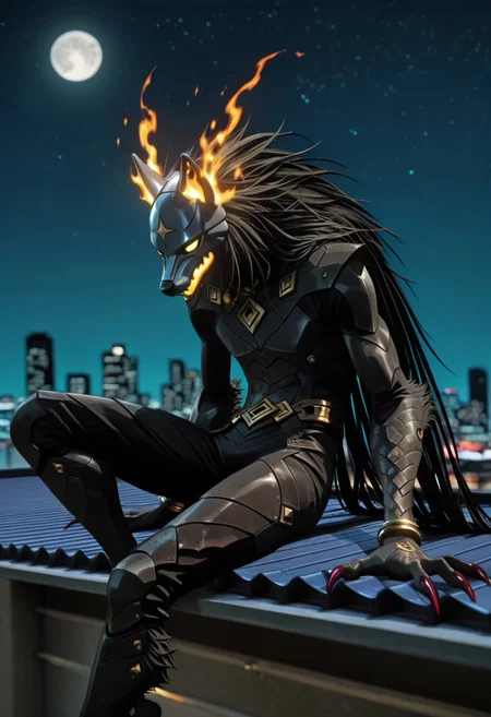(masterpiece), (best quality), (newest), (amazing quality), (highres), (best anatomy), (high detail),
BREAK
masterpiece, best quality,, CGI, 3D, 1man,, lanky, agile and slender build,, supervillain_aesthetic, solo, feral-looking,, Long arms and long legs, sharp_claws, long_claws,, Bronze and gray color scheme, bodysuit, brown_leather_rerebrace, brown_leather_vambrace, weighted_bracelets, leather_poleyn, fur_sleeves, fur_pants-legs,, mask-like helmet, fiery wolf mask, mane, 
BREAK
(Blurry_background); city, modern_day, night, visible moon and stars, on top of roof,