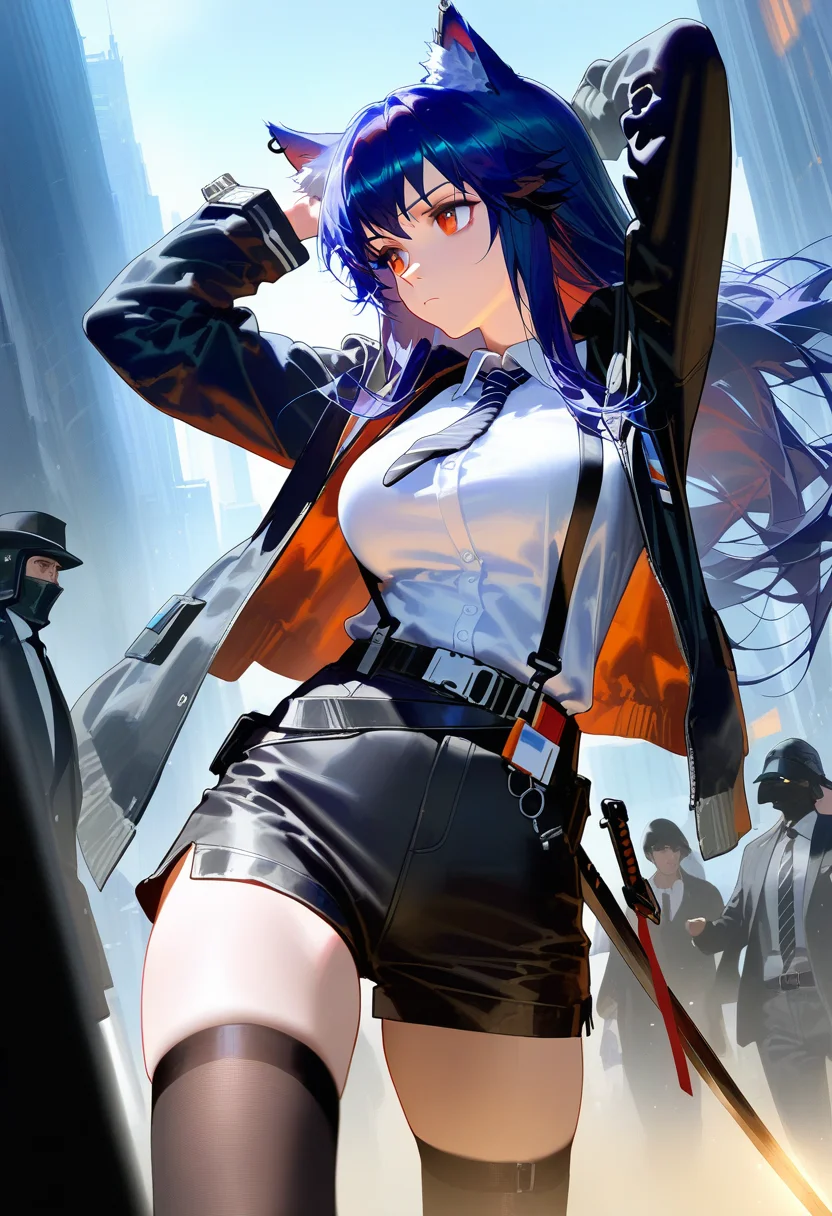 masterpiece, best quality, <lora:WHM 0.2v:1>, WHM,
mature female, 1girl, animal ears, solo, texas (arknights), weapon, necktie, sword, black hair, thighhighs, long hair, wolf ears, shirt, shorts, black thighhighs, collared shirt, jacket, holding, arms up, black necktie, black jacket, black shorts, holding sword, wolf girl, holding weapon, white shirt, looking away, long sleeves, striped necktie, animal ear fluff, orange eyes, looking to the side, cowboy shot, striped, blurry foreground, formal, belt, closed mouth, blurry, breasts, suspenders, open jacket, red eyes