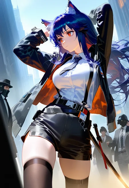 masterpiece, best quality, <lora:WHM 0.2v:1>, WHM,
mature female, 1girl, animal ears, solo, texas (arknights), weapon, necktie, sword, black hair, thighhighs, long hair, wolf ears, shirt, shorts, black thighhighs, collared shirt, jacket, holding, arms up, black necktie, black jacket, black shorts, holding sword, wolf girl, holding weapon, white shirt, looking away, long sleeves, striped necktie, animal ear fluff, orange eyes, looking to the side, cowboy shot, striped, blurry foreground, formal, belt, closed mouth, blurry, breasts, suspenders, open jacket, red eyes