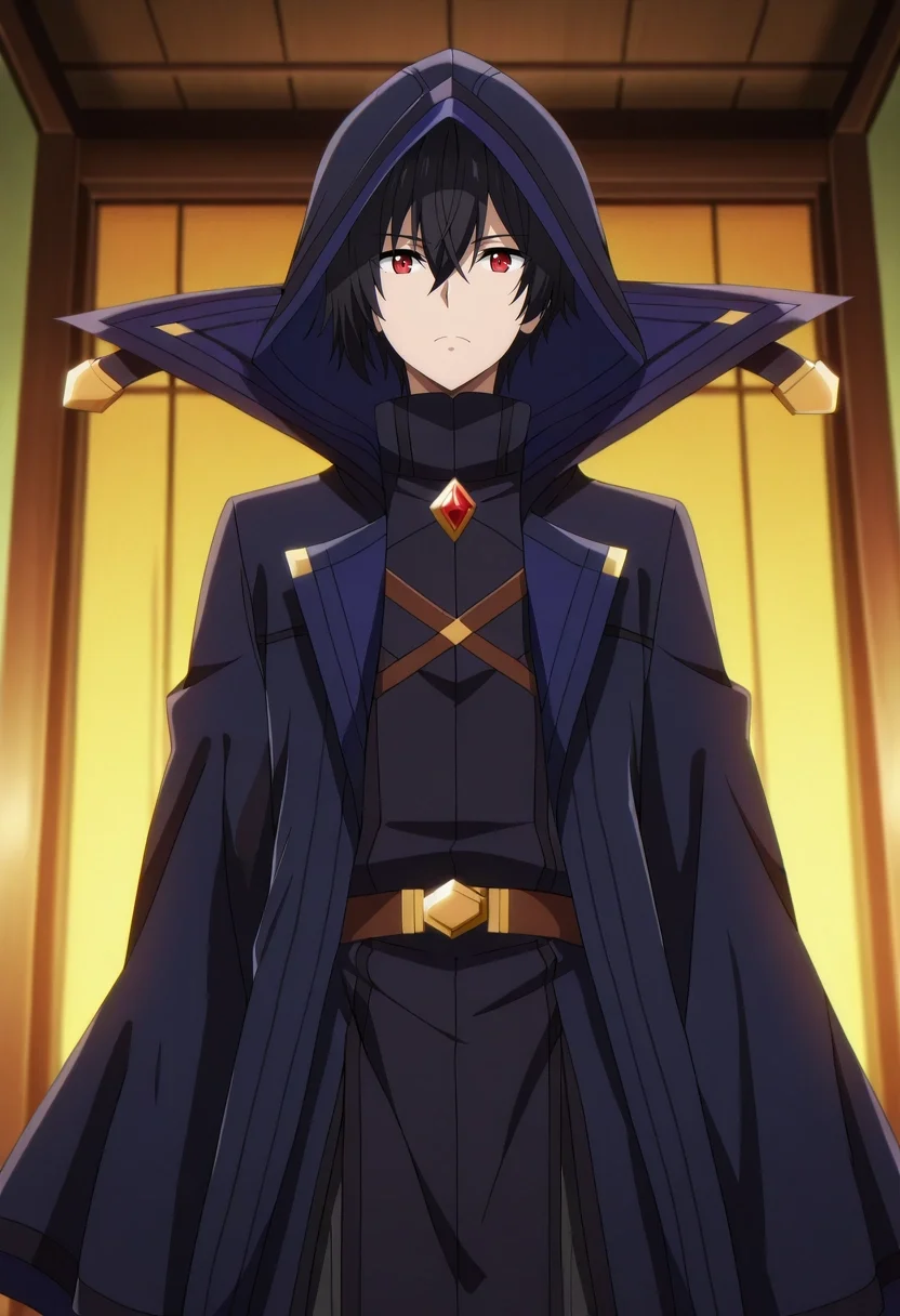 masterpiece, best quality, anime screencap, official style, anime coloring, cowboy shot, 1boy, solo, male focus, <lora:cid_kagenou_ilxl:0.98>, cid_kagenou, black hair, short hair, hair between eyes, bangs, red eyes, cloak, hood, hood up, ,
