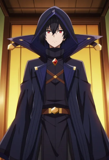 masterpiece, best quality, anime screencap, official style, anime coloring, cowboy shot, 1boy, solo, male focus, <lora:cid_kagenou_ilxl:0.98>, cid_kagenou, black hair, short hair, hair between eyes, bangs, red eyes, cloak, hood, hood up, ,