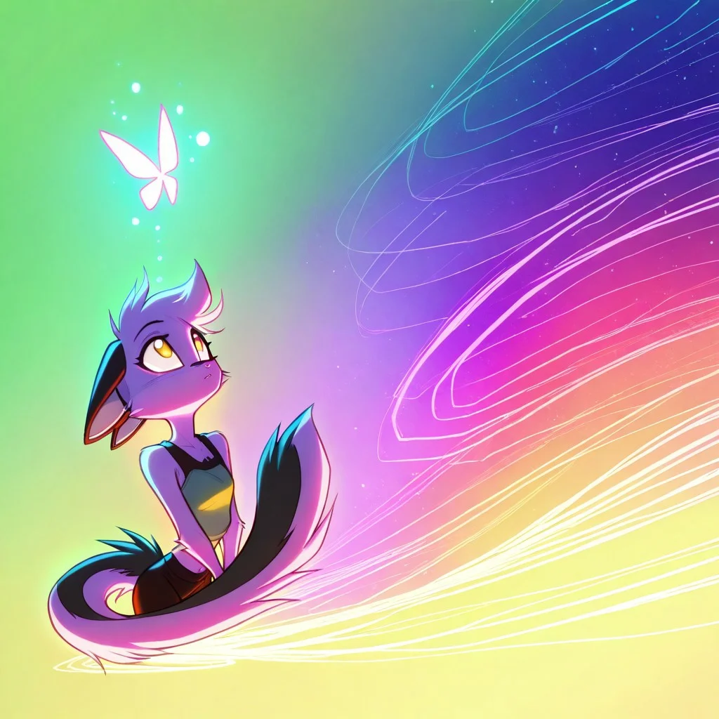 1girl,solo,furry,pink fur,tail,ears,source_furry,
,<lora:Viriathus_Vayu_illustrious:0.8>,
masterpiece, child, kid,
stylized, in soft warm hues, ethereal neon glow,, looking up at a floating butterfly, dreamy and surreal masterpiece, best quality, amazing quality, very aesthetic, absurdres, detailed eyes, newest,