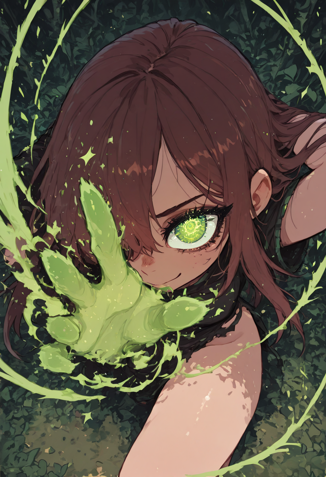 score_9, score_8_up, score_7_up, masterpiece, best quality, very aesthetic, detailed face, (dynamic:1.2), stylized, illustration, dynamic pose, (nsfw:1.2), girl, small nose, highres, absurdres,<lora:ck-shadow-circuit-IL:0.4> in the style of cksc, <lora:mon_monmon2133:0.2> <lora:Rapscallion_Illustrious:0.25> Rapscallionstyle, <lora:incoth:0.25> incoth, (incase:0.6), <lora:r17329_illu:0.35> r17329_illu, looking at viewer,  <lora:flatline_v2_-_Illus_x_Niji:0.35> Flatline, Flat vector illustration girl, anime girl, nature, vines, leafs, green leafs,gentle smile, looking at viewer,  <lora:perspective:1> perspective, striking eye, green eye, green sparks,nature magic, glowing eye, (close up:1.3), extremely detailed, detailed eyes, striking face, very zoomed in, zoom, only face, huge eyes, long hair, hair over eye, brown hair, close up, air magic, face, hands behind head,  <lora:WeaponSpellBindIL:0.6> spell bind, green magicâââ