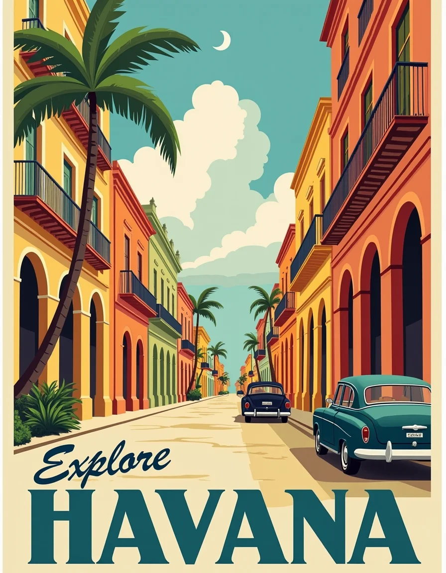 <lora:Travel posters:1> Travel illustration
1920 travel poster promoting travels to Cuba, street of Havana , colorful buildings, parked car, palm tree, in slightly cursive blue font says: "Explore Havana"