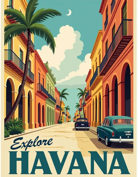 <lora:Travel posters:1> Travel illustration
1920 travel poster promoting travels to Cuba, street of Havana , colorful buildings, parked car, palm tree,  in slightly cursive blue font says: "Explore Havana"