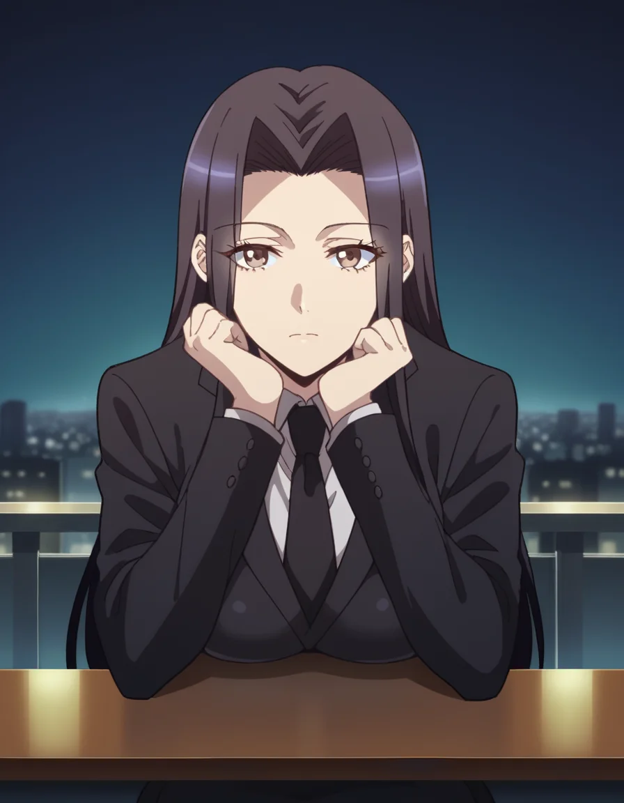 score_9, score_8_up, score_7_up, source_anime, <lora:kuroko-smith-s1-ponyxl-lora-nochekaiser:1>, kuroko smith, long hair, black hair, parted bangs, brown eyes, large breasts,, shirt, necktie, formal, suit, black necktie,, city skyline, rooftop view, night time, city lights, quiet reflection, , looking at viewer, sitting, elbow rest, table,, solo,, dutch angle,