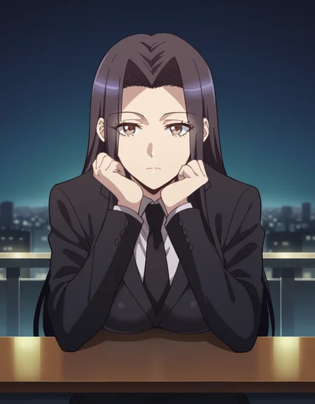 score_9, score_8_up, score_7_up, source_anime, <lora:kuroko-smith-s1-ponyxl-lora-nochekaiser:1>, kuroko smith, long hair, black hair, parted bangs, brown eyes, large breasts,, shirt, necktie, formal, suit, black necktie,, city skyline, rooftop view, night time, city lights, quiet reflection, , looking at viewer, sitting, elbow rest, table,, solo,, dutch angle,