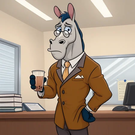 <lora:Mr._Horse_-_Ren__Stimpy:1> MrHorseIL, 1boy, standing, HDA_MasterpieceXLclassic, drinking a cup of cofee, indoors, office, wearing necktie and formal wear, glasses