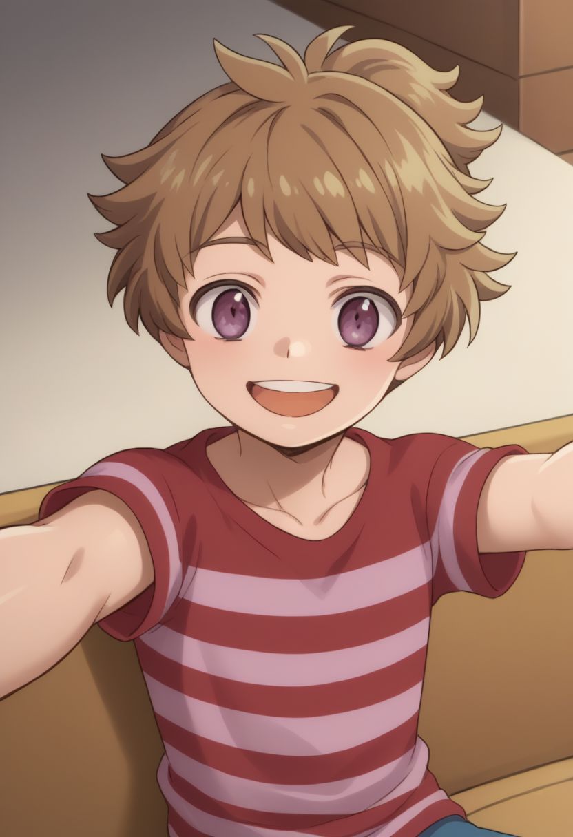 score_9, score_8_up, source_anime, highly detailed, 1boy, solo, skinny,
cute,
haruka, 1boy, male focus, solo, striped shirt, shirt, open mouth, brown hair, striped, smile, teeth, purple eyes, hold, holding smartphone, taking a selfie,
indoor, sit,