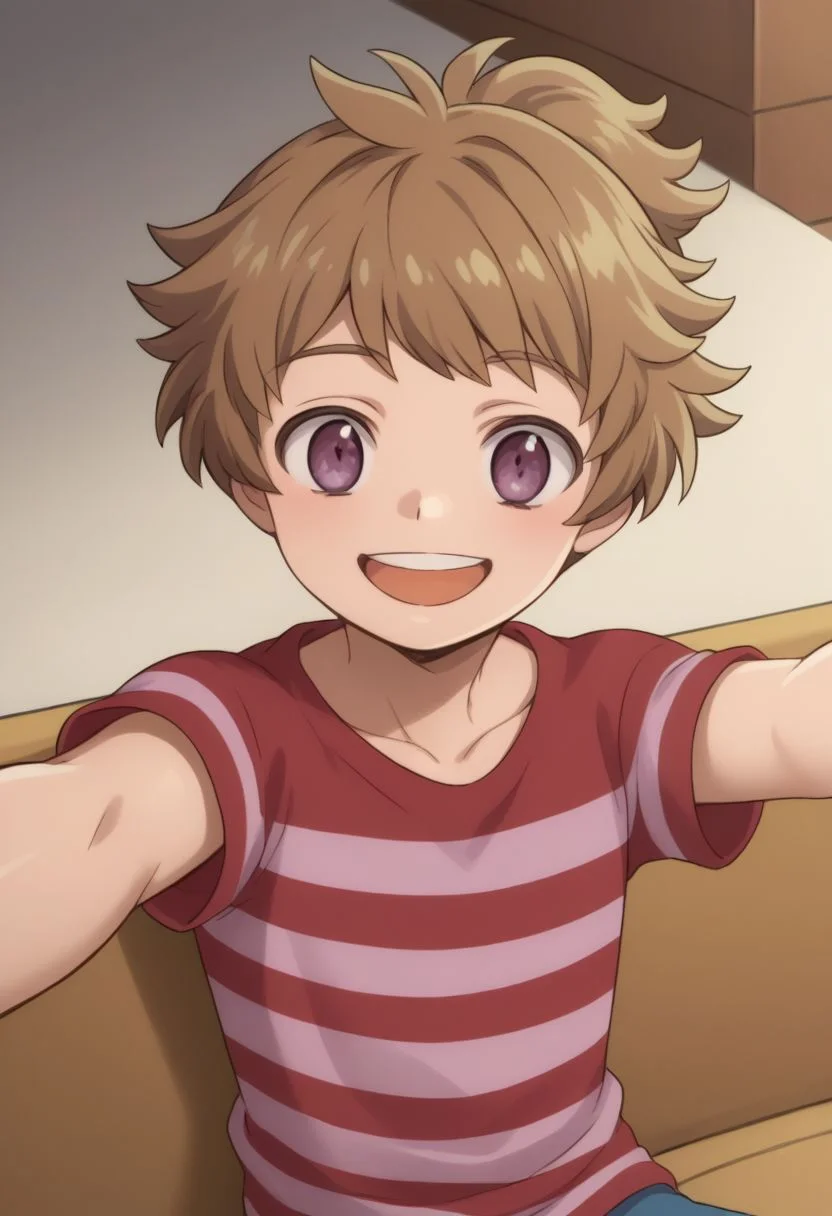 score_9, score_8_up, source_anime, highly detailed, 1boy, solo, skinny,
cute,
haruka, 1boy, male focus, solo, striped shirt, shirt, open mouth, brown hair, striped, smile, teeth, purple eyes, hold, holding smartphone, taking a selfie,
indoor, sit,