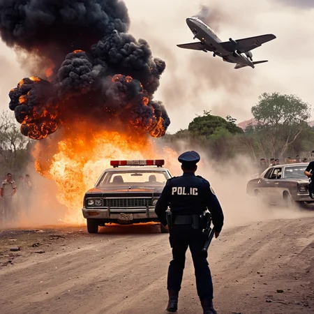 cinematic film still of <lora:perfection style:0.5> <lora:detailed:0.5> perfection detailed
<lora:Rodriguez's Mexico Trilogy film style:1>
In the United Mexican States a policeman flying through the air next to a car with big explosion in background,weapon,male focus,outdoors,multiple boys,day,2boys,tree,gun,ground vehicle,motor vehicle,realistic,car,explosion,police,truck , cinematic, film, kodak, Rodriguez's Mexico Trilogy film style, shallow depth of field, vignette, highly detailed, high budget, bokeh, cinemascope, moody, epic, gorgeous, film grain, grainy