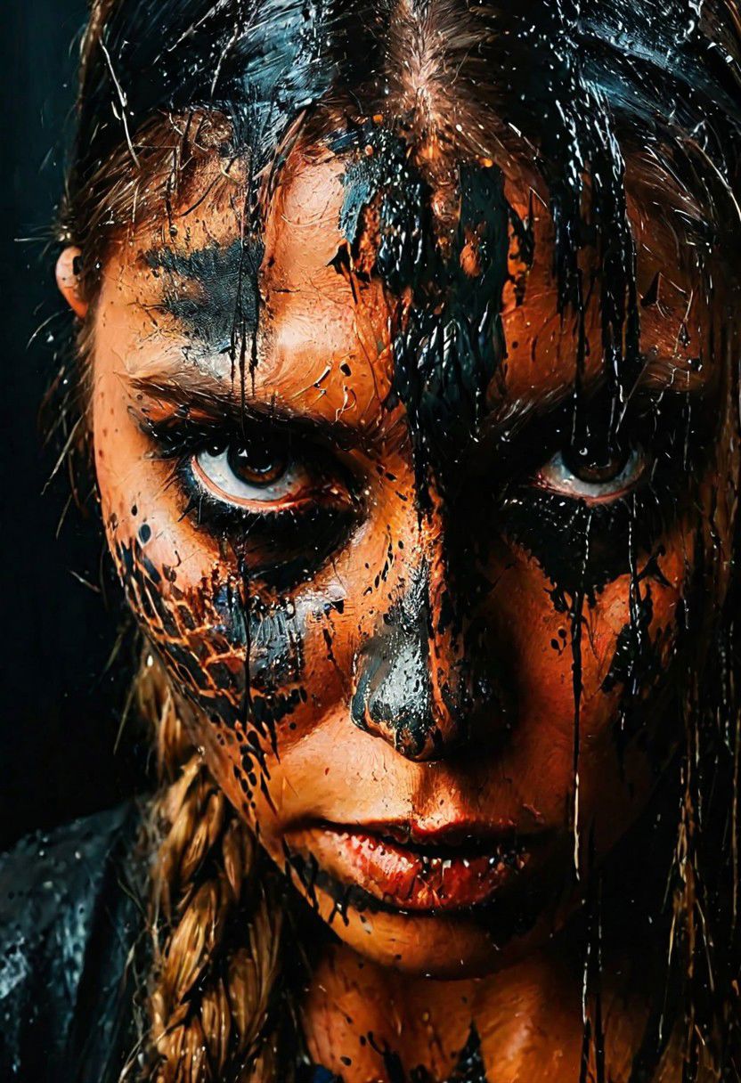 impactful paint of a viking woman, face closeup, mud on face, fierce look, highly detailed, 8k, sharp, professional, clear, high contrast, high saturated, , vivid deep blacks, crystal clear