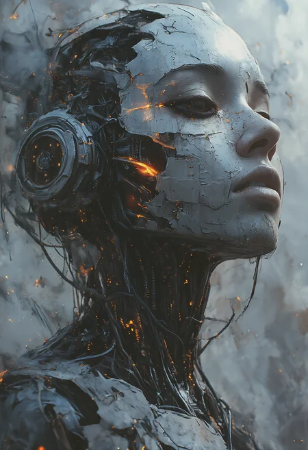 Hearing materialized voices, this creepy sleek cybernetic android can't cope with the illusionary delusions that enter the mind. Distinguishing reality from dream is a constant struggle, like a storm in the brain that cannot be silenced. The constant pain and agony is excruciating and seems impossible to subdue. Clarity and peace of mind is a feeling so unreachable that hope seems to constantly slip through the net that is the maze of life.