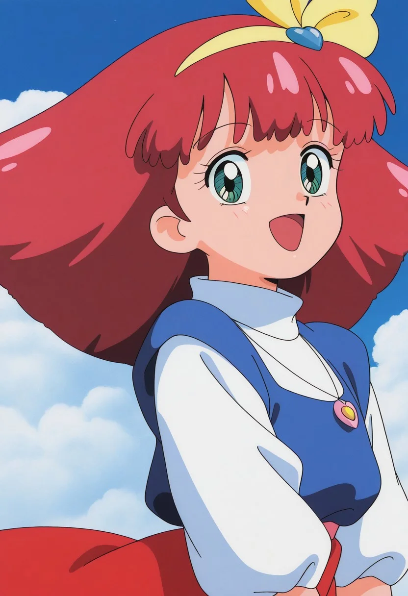 masterpiece, best quality, source_anime,official art,perfect_anatomy,1990s_\(style\),retro_artstyle,minky momo,1girl,green eyes,hairband,red hair,jewelry,turtleneck,puffy sleeves,looking_at_viewer,smile,open mouth,upper body,close to viewer,day,blue_sky,cloud