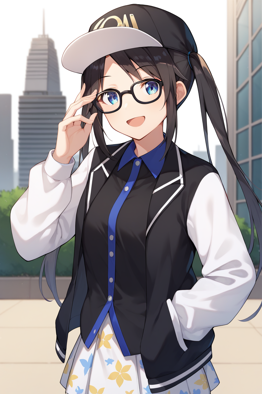 score_9, score_8_up, score_7_up, source_anime,  <lora:mitsumine_yuika_XL:0.8>, yuikamitsumine, 1girl, solo, black hair, long hair, baseball cap, black headwear, twintails, blue eyes, glasses, black-framed eyewear, black jacket, open jacket, two-tone jacket, white sleeves, long sleeves, black shirt, collared shirt, blue collar, two-tone shirt, white skirt, miniskirt, pleated skirt, print skirt, looking at viewer, smile, open mouth, adjusting eyewear, outdoors, city, cowboy shot