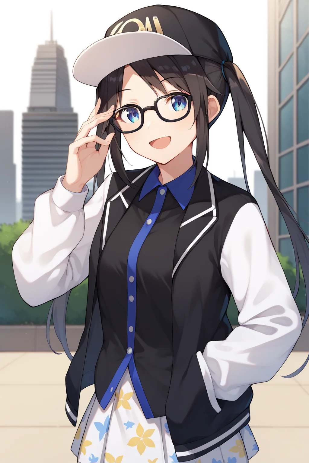 score_9, score_8_up, score_7_up, source_anime,  <lora:mitsumine_yuika_XL:0.8>, yuikamitsumine, 1girl, solo, black hair, long hair, baseball cap, black headwear, twintails, blue eyes, glasses, black-framed eyewear, black jacket, open jacket, two-tone jacket, white sleeves, long sleeves, black shirt, collared shirt, blue collar, two-tone shirt, white skirt, miniskirt, pleated skirt, print skirt, looking at viewer, smile, open mouth, adjusting eyewear, outdoors, city, cowboy shot