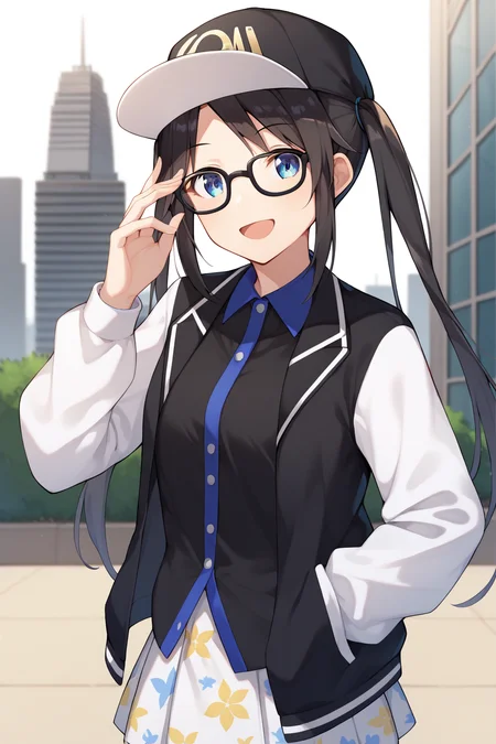 score_9, score_8_up, score_7_up, source_anime, <lora:mitsumine_yuika_XL:0.8>, yuikamitsumine, 1girl, solo, black hair, long hair, baseball cap, black headwear, twintails, blue eyes, glasses, black-framed eyewear, black jacket, open jacket, two-tone jacket, white sleeves, long sleeves, black shirt, collared shirt, blue collar, two-tone shirt, white skirt, miniskirt, pleated skirt, print skirt, looking at viewer, smile, open mouth, adjusting eyewear, outdoors, city, cowboy shot