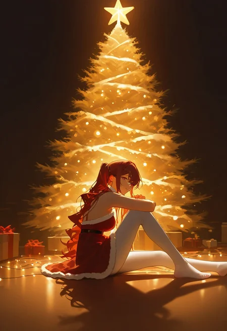 1girl, sitting, bare shoulders, red and black clothes,  white tights, christmas clothes, dark red hair, long wavy hair, looking at viewer, christmas tree, christmas decoration, side view, sitting,  christmas lights, masterpiece, highres, absurdres solo, score_9, score_8_up, score_7_up,  2d color, far camera, long shot
