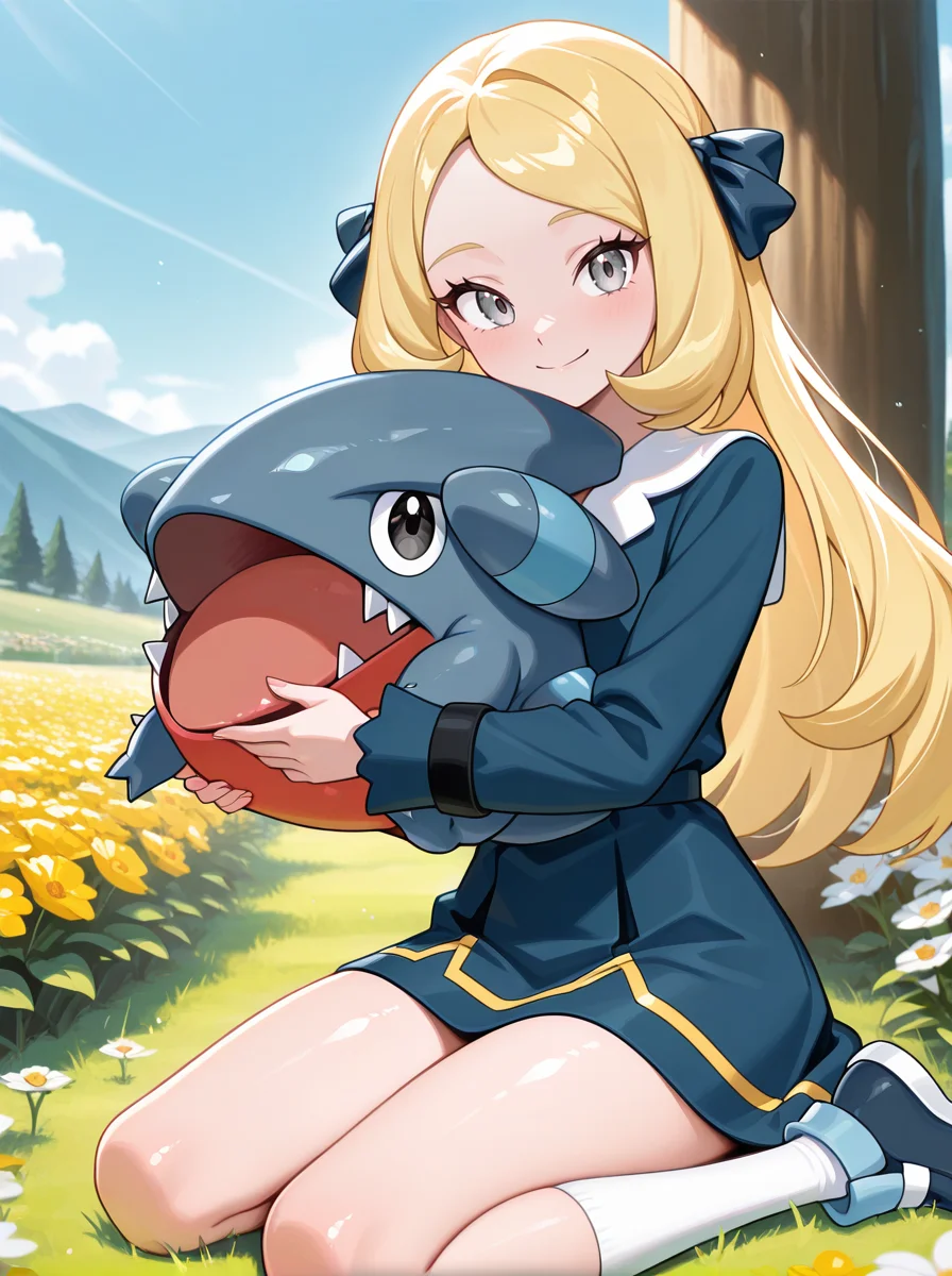 masterpiece, best quality, amazing quality, very aesthetic, absurdres, newest,shiny skin anime screenshot <lora:CynthiaJourneys:1>cynjourney, 1girl, blonde hair, long hair, ribbon, grey eyes, dress, smile, hair ribbon, eyelashes looking at viewer, white socks, flowers, holding pokemon gible,