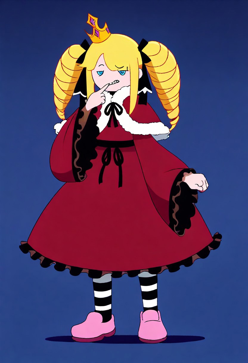 adventure time, perfect quality,high quality,masterpiece,best quality,amazing quality,very aesthetic,absurdres,Cinematic Lighting,newest,Tactical use of shadow,
front view,full_shot,Sneer,
BeatriceCYQL,1girl,solo,blonde hair,drill hair,long hair,twintails,twin drills,sidelocks,ribbon,hair ribbon,blue eyes,symbol-shaped pupils,crown,mini crown,dress,capelet,red capelet,fur-trimmed capelet,fur trim,pantyhose,striped pantyhose,striped,long sleeves,frills,frilled sleeves,red dress,frilled dress,shoes,pink footwear,bow,wide sleeves,
full body,standing,hand_to_mouth,,
darkblue  background,simple background,
usnr,748cmstyle,<lora:USNR STYLE_XL_loha:0.45>,<lora:DarkerThanBlackIllustrious:0.5>,<lora:spo_sdxl_10ep_4k-data_lora_webui:0.6>,<lora:illustrious_all_rated_v1:0.7>,<lora:748cmSDXL:0.8>,<lora:illustrious_quality_modifiers_masterpieces_v1:0.9>,,<lora:BeatriceCYQL:1>,