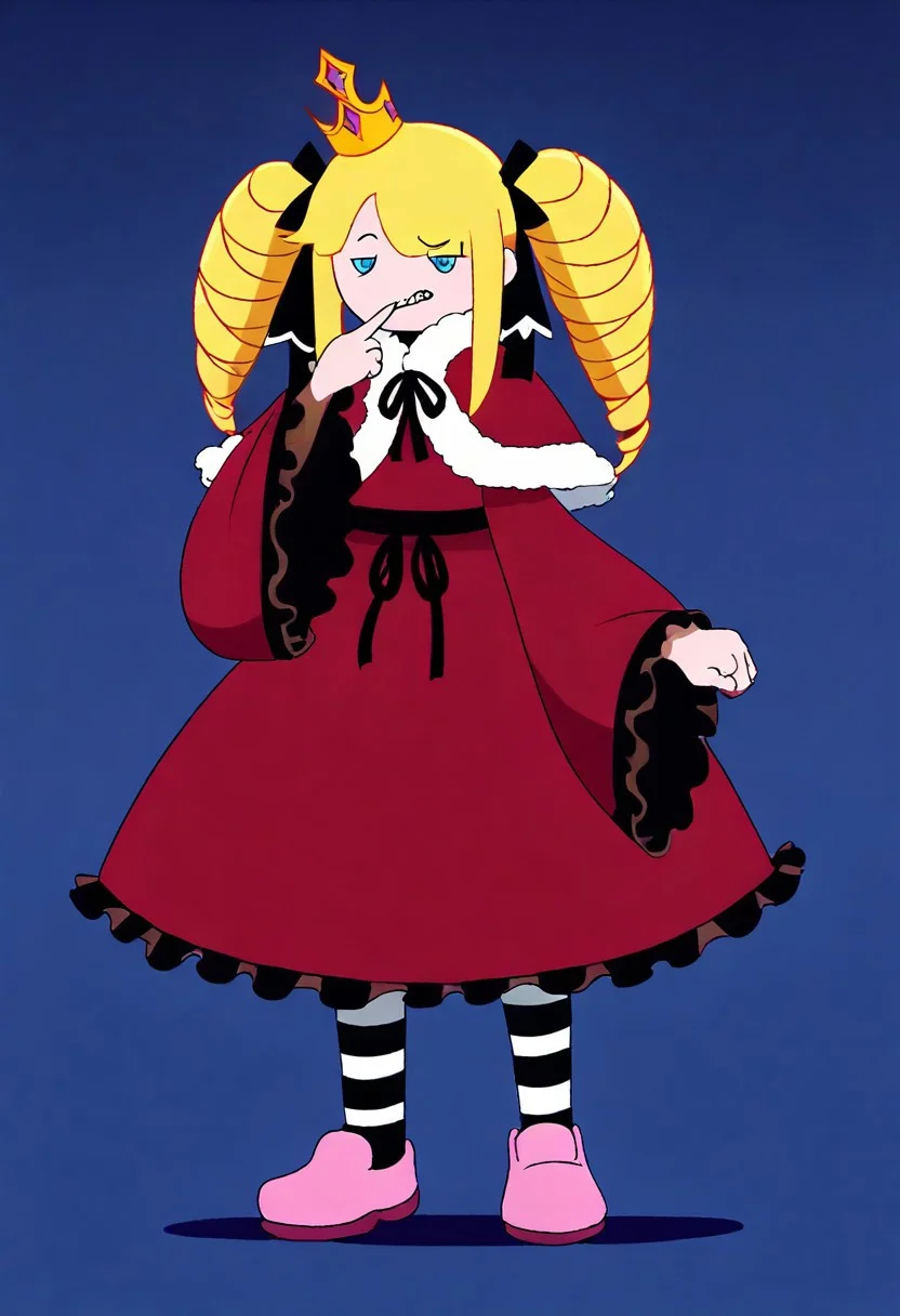 adventure time, perfect quality,high quality,masterpiece,best quality,amazing quality,very aesthetic,absurdres,Cinematic Lighting,newest,Tactical use of shadow,
front view,full_shot,Sneer,
BeatriceCYQL,1girl,solo,blonde hair,drill hair,long hair,twintails,twin drills,sidelocks,ribbon,hair ribbon,blue eyes,symbol-shaped pupils,crown,mini crown,dress,capelet,red capelet,fur-trimmed capelet,fur trim,pantyhose,striped pantyhose,striped,long sleeves,frills,frilled sleeves,red dress,frilled dress,shoes,pink footwear,bow,wide sleeves,
full body,standing,hand_to_mouth,,
darkblue background,simple background,
usnr,748cmstyle,<lora:USNR STYLE_XL_loha:0.45>,<lora:DarkerThanBlackIllustrious:0.5>,<lora:spo_sdxl_10ep_4k-data_lora_webui:0.6>,<lora:illustrious_all_rated_v1:0.7>,<lora:748cmSDXL:0.8>,<lora:illustrious_quality_modifiers_masterpieces_v1:0.9>,,<lora:BeatriceCYQL:1>,
