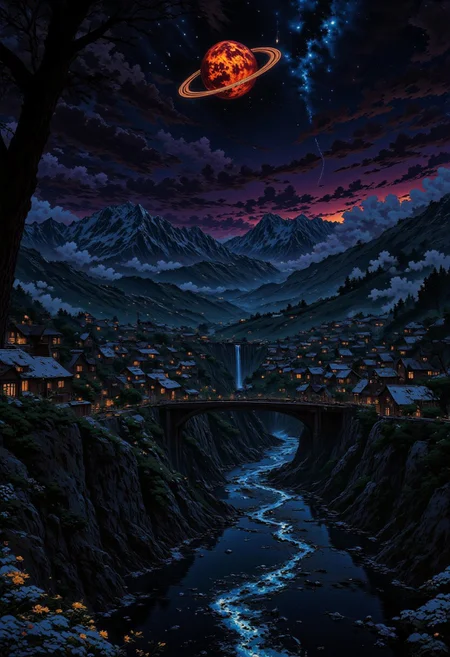 AnimeSky style, anime style, high lighting, Valley of small snowy mountains, with various small medieval houses around, with a river that emanates a little light and steam that reaches the horizon, with a large bridge, with light clouds and a sunset of purple and blue tones, completely dark sky that has a planet with a ring of considerable size with reddish colors that emanates its own light covered by some clouds, stars, shooting stars, silhouettes of birds in the sky, magical luminescent plants that fill the valley and cherry trees