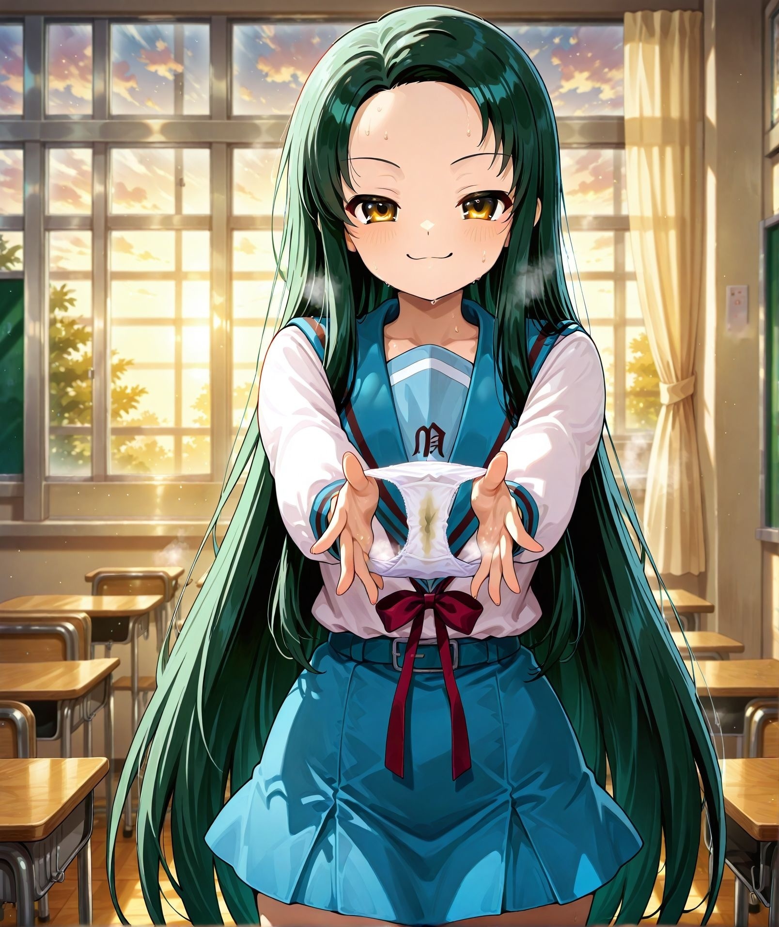 <lora:add-detail-xl:0.5>,,masterpiece, best quality, newest, absurdres, highres, detailed eyes, beautiful, detailed background, perfect eyes, anime coloring, anime screencap,
<lora:Holding_panties:0.7>Holding_pantiesV1,
1girl,underwear,panties,looking at viewer,  steaming body, 
stained panties,(stretching panties with both hands),
seductive smile, solo, 5fingers,sweat, standing, 
school,classroom, window, afternoon,
<lora:Tsuruya_Melancholy_of_Haruhi_Suzumiya_illustrious:0.6> tsuruya_il, green hair, very long hair, parted bangs, blue sailor collar, kita high school uniform, long sleeves, red ribbon, school uniform, serafuku, skirt, blue skirt , tsuruya-senpai, suzumiya haruhi no yuuutsu, official art, 
20YO, milf,adult,