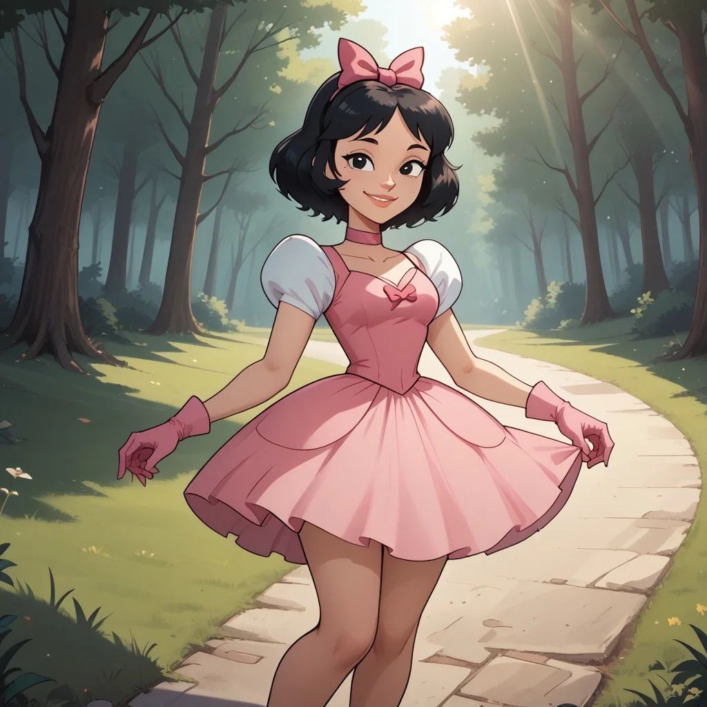 score_9, score_8, BREAK, solo, total drama, 1girl, black hair, white skin, pink hair bow, black eyes, lips, pointy nose, pink neck band, pink small dress, light pink gloves, bare legs, pink footwear, Ella_(\Total_Drama\), tdpi, cute, sexy pose, self portrait, smile, outdoors, sunlight, shadows, evening lighting, natural lighting, forest, trees, grass, orange sky, sunset