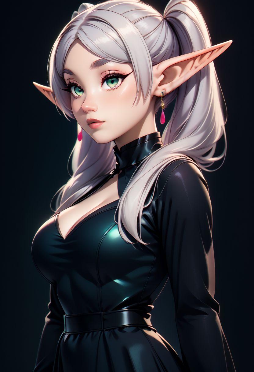 score_9, score_8_up, score_7_up, score_6_up, score_5_up, score_4_up score_9,score_8_up, digital art, upper body shot, realistic 3D illustration, 
BREAK,
zzFrieren, long hair, twintails, green eyes, grey hair, pointy ears, elf, black dress, 
BREAK, 
subsurface scattering, soft lighting, contemplative expression, dark background, subtle makeup, high-resolution, detailed texture, emotional depth, dramatic mood, side profile, serene atmosphere, cinematic lighting. perfectly round breasts, big breasts, firm breasts, SkinHairDetail, eye contact