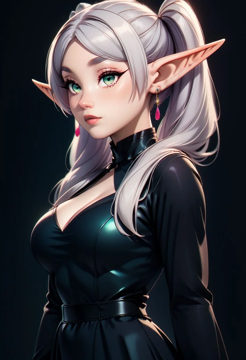 score_9, score_8_up, score_7_up, score_6_up, score_5_up, score_4_up score_9,score_8_up, digital art, upper body shot, realistic 3D illustration,
BREAK,
zzFrieren, long hair, twintails, green eyes, grey hair, pointy ears, elf, black dress,
BREAK,
subsurface scattering, soft lighting, contemplative expression, dark background, subtle makeup, high-resolution, detailed texture, emotional depth, dramatic mood, side profile, serene atmosphere, cinematic lighting. perfectly round breasts, big breasts, firm breasts, SkinHairDetail, eye contact