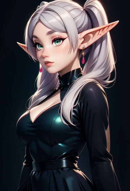 score_9, score_8_up, score_7_up, score_6_up, score_5_up, score_4_up score_9,score_8_up, digital art, upper body shot, realistic 3D illustration,
BREAK,
zzFrieren, long hair, twintails, green eyes, grey hair, pointy ears, elf, black dress,
BREAK,
subsurface scattering, soft lighting, contemplative expression, dark background, subtle makeup, high-resolution, detailed texture, emotional depth, dramatic mood, side profile, serene atmosphere, cinematic lighting. perfectly round breasts, big breasts, firm breasts, SkinHairDetail, eye contact