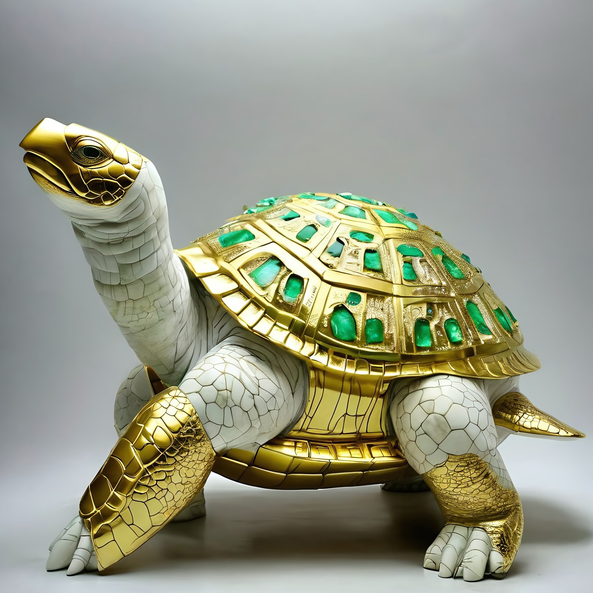 (masterpiece, best quality, ultra-detailed, realistic), cstatuesdxl, ancient ruins, giant turtle statue made of white marble with gold, shell incrusted with green jewels, eyes replaced with green jewels, luster