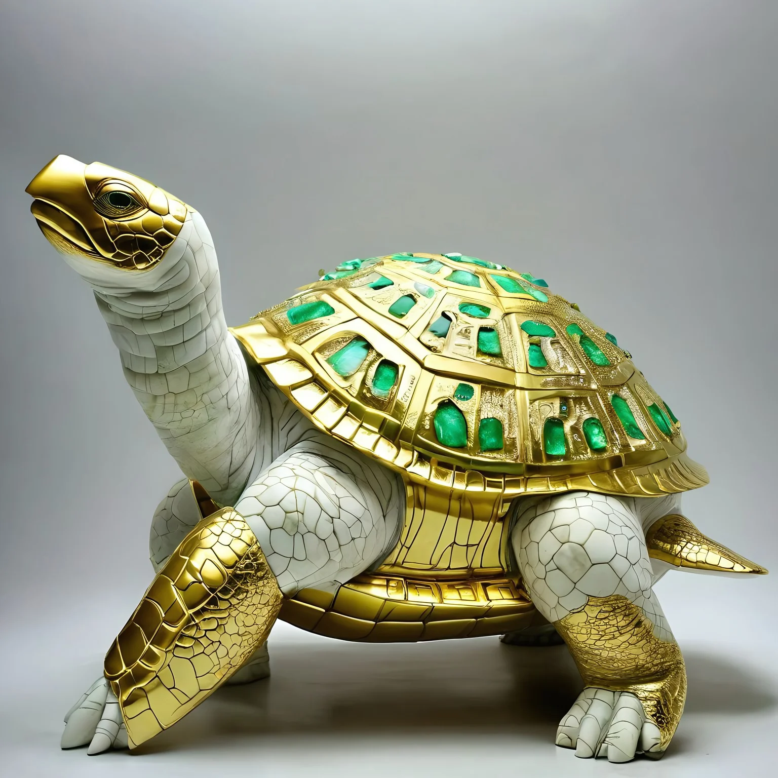 (masterpiece, best quality, ultra-detailed, realistic), cstatuesdxl, ancient ruins, giant turtle statue made of white marble with gold, shell incrusted with green jewels, eyes replaced with green jewels, luster