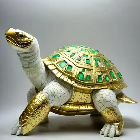 (masterpiece, best quality, ultra-detailed, realistic), cstatuesdxl, ancient ruins, giant turtle statue made of white marble with gold, shell incrusted with green jewels, eyes replaced with green jewels, luster