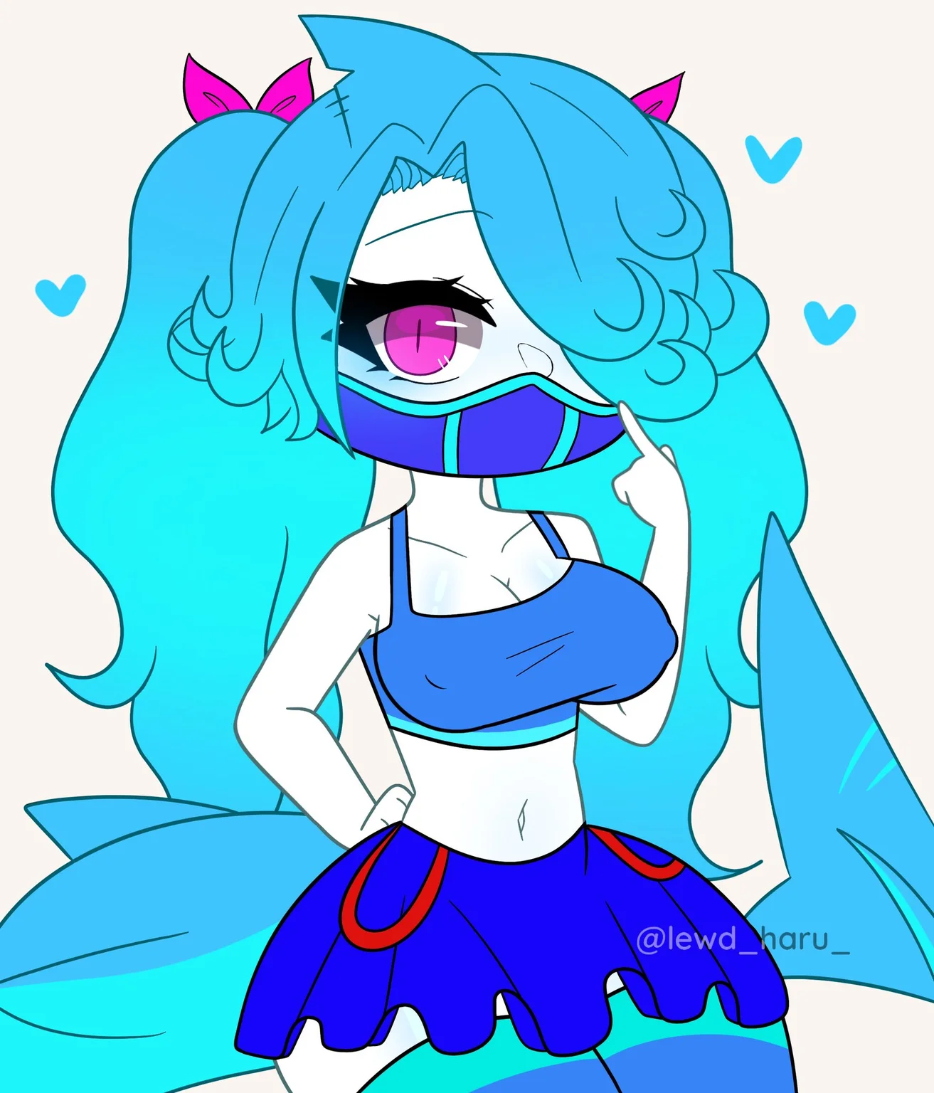 Masterpiece, High quality, OC, Female Adult woman, 1girl, solo, half sea creature, half human, white pale skin, light blue hair, two ponytails, two pink bows on ponytails, pink eyes, big breasts, Blue mouth metal mask, long blue sea fish tail, Blue bra tops, Blue shirk, Long blue stockings,