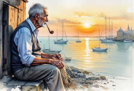 score_9, score_8_up, score_7_up, 8k high quality digital painting, masterpiece, very detailed, ultra realistic, (best quality) very detailed epic masterpiece, we see an old sailor sitting in front of his hut by the sea with a pipe in his mouth and tying a fishing net, he looks dreamily out at the sea, which shines colorfully in the sunset, focus on the face, old rugged face, romantic, sensual atmosphere, melancholic, watercolor, water colors, the edges blend into the white of the paper, realistic, realism, full body