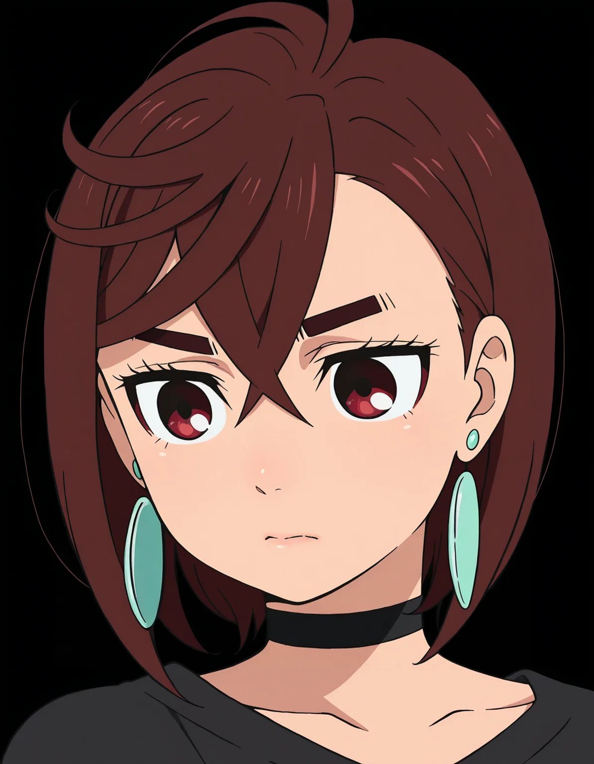 <lora:Ayase Momo Illu v3:1>
1girl, solo,
ayasemomo, brown hair, short hair, hair between eyes, crossed bangs, black choker, earrings, brown eyes, red eyes,
portrait,
anime screencap, anime coloring,, masterpiece, best quality, amazing quality,, (simple background, black background:1.5),