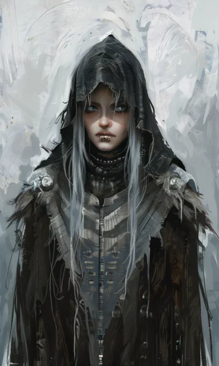 A digital painting of a pale-skinned silver-haired anime character with piercing blue eyes wearing a dark cloak. The background is a rich textured blend of deep reds and browns creating a dramatic intense atmosphere. <lora:- NAI - PdJ_highres_counterweight_V.2.0-step00021000:0.7> <lora:- NAI - ac_illustration_V1.0-step00011000:.6>