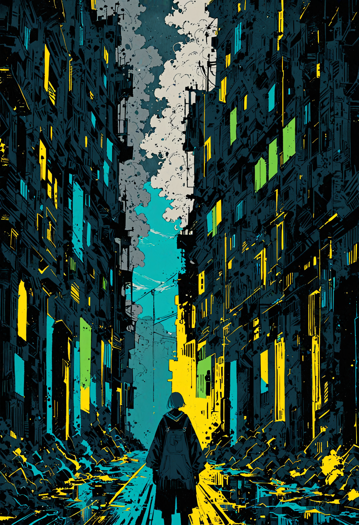 "Create picture with two halves. The left half shows a sunny present time with a bright blue sky, and vibrant colors like yellow and green. The right half depicts a doom and gloom future with a dark, stormy sky, desolate streets, and dark, muted colors like gray and black. Add a clear dividing line in the middle 
OverallDetailXL <lora:MJ52:0.3>  <lora:EpicF4nta5yXL:0.7>