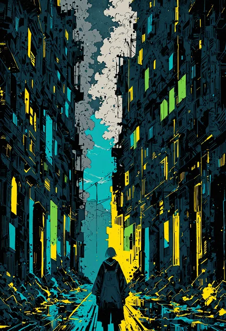 "Create picture with two halves. The left half shows a sunny present time with a bright blue sky, and vibrant colors like yellow and green. The right half depicts a doom and gloom future with a dark, stormy sky, desolate streets, and dark, muted colors like gray and black. Add a clear dividing line in the middle
OverallDetailXL <lora:MJ52:0.3> <lora:EpicF4nta5yXL:0.7>