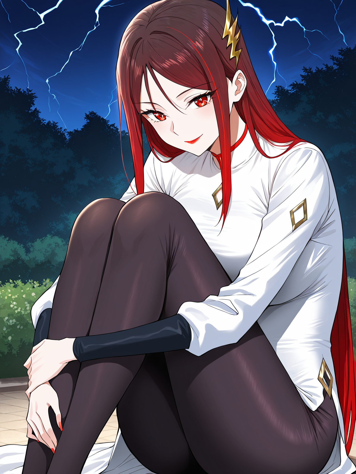 <lora:Jin_Mulan__Ultimate_Son-in-law__Illustrious:1>
1 girl, solo, long hair, red hair, gradient hair, straight hair, hair behind back, side bangs, hair ornament, golden accessory, red eyes, lipstick, 
white dress, high collar, red trim, diamond-shaped brooch, long sleeves, black sleeves, asymmetrical outfit, side slit, black leggings, tight pants, lightning-shaped hair ornament,  diamond pattern on sleeves, bodycon outfit,
score_9, score_8_up, score_7_up, very aesthetic, source_anime, detailed, high quality, beautiful, detailed eyes, masterpiece, best quality, absurdres, perfect anatomy, 1girl, solo, hugging your own legs, sitting, garden background, charming smile, night
