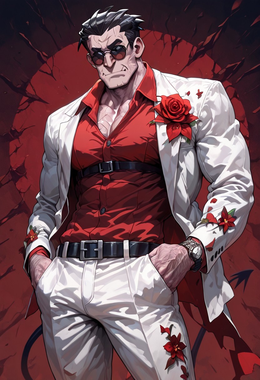 masterpiece, best quality, newest, absurdres, highres, GDILV1.0, 1boy, helltaker (helltaker), black hair, short hair, muscular, muscular male,
sunglasses, glasses, 
white jacket, white pants, black belt, red shirt, formal clothes, flower in clothes, open jacket
