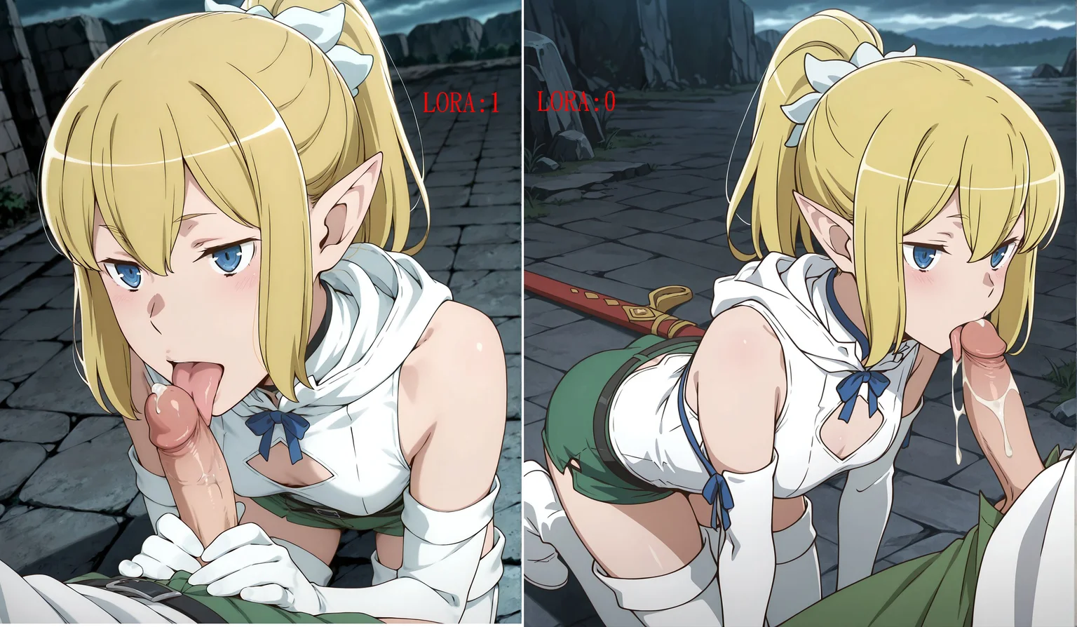 masterpiece, best quality, newest, absurdres, highres, detailed eyes, beautiful, detailed background, perfect eyes, anime coloring, anime screencap,
1girl,hetero,1boy,penis,
tongue,oral,cum,fellatio,
tongue out,licking penis,
dark theme,
outdoors, rock,stone floor, cloudy sky,
dungeon ni deai wo motomeru no wa machigatteiru darou ka, official art,
BREAK
<lora:DanMachi_RyuuLion(Ponytail)_IlluXL:0.9>, blonde hair, ponytail, blue eyes, pointy ears, hair bow, white bow, RyuuLionP, hood down, white shirt, clothing cutout, elbow gloves, white gloves, black belt, green shorts, thigh boots, white footwear, sheath,