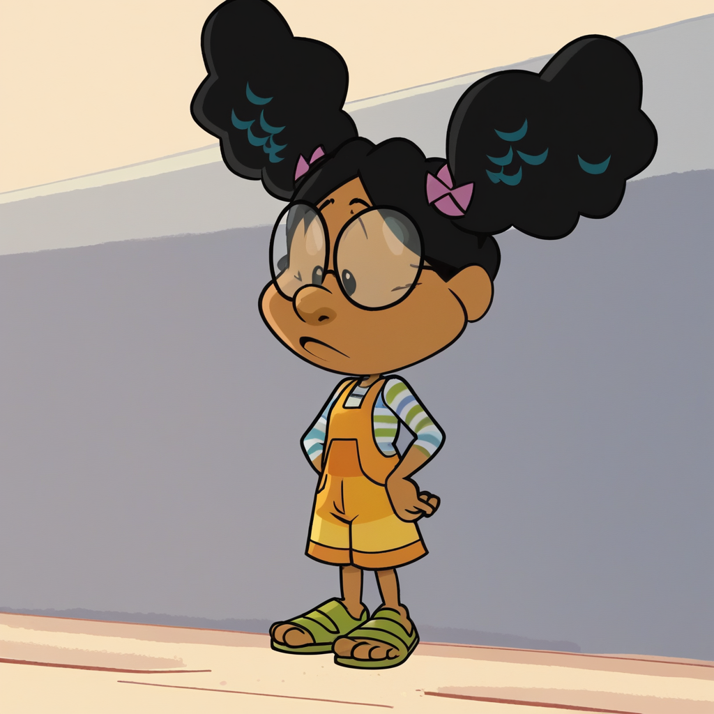 score_9_up, score_8_up, BREAK, Lili, 1girl, solo, black hair, afro, hair bow, black eyes, glasses, striped shirt, overalls, green sandals,   <lora:Lili_MyBigBigFriend_PXL_Leaf1:1>, outdoors, arms at sides,
