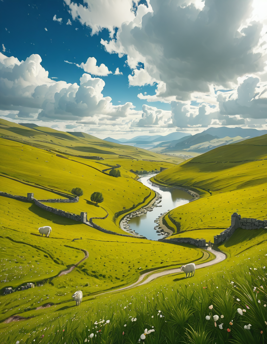 A breathtaking, high-resolution photograph of the rolling plains of Ireland, stretching endlessly under a vast, cloud-streaked sky. The landscape is a lush, vibrant green, with gentle hills covered in soft grass and dotted with scattered wildflowers. Ancient stone walls and winding dirt paths cut through the fields, marking old farmland boundaries. In the distance, a few solitary sheep graze peacefully, their white wool contrasting against the emerald grass. A small, clear river meanders through the valley, reflecting the soft light of the sky. The horizon is framed by low, misty mountains, adding depth and mystery to the scene. Above, the sky is a mix of bright blue and fluffy white clouds, casting dynamic shadows across the landscape as beams of sunlight break through. The atmosphere is serene, timeless, and rich with the natural beauty of the Irish countryside.
<lora:SDXLFaeTastic2400:0.4> <lora:extremely_detailed:0.4> extremely detailed,rolling plains of 1r3l4nd, <lora:rolling_plains_of_1r3l4nd-i:1>, Masterpiece,best quality,hi res,8k,hi res,8k,award winning,(sharp focus, intricate, highly detailed),