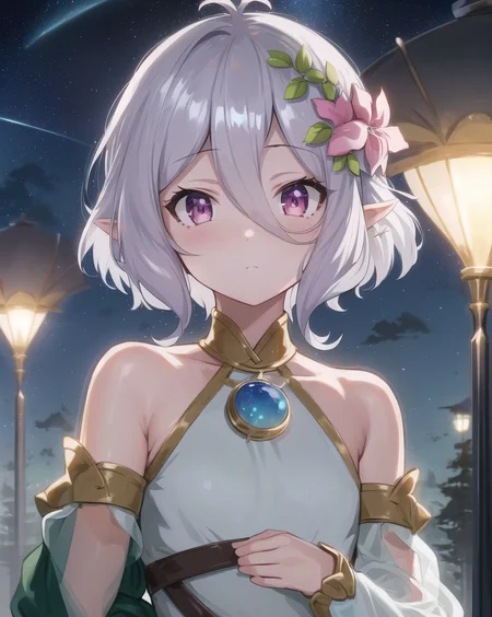 masterpiece, best quality, ultra-detailed, illustration, epic lighting, cinematic composition, colorful, anime, 2d, (finely detailed beautiful eyes: 1.2), 1girl, petite, kokkoro, pink eyes, short white hair, white hair flower, white dress, detached sleeves, looking at viewer, expressionless, upper body, outdoors, night, stars, nebula, fantasy, nature, (8k:1.1)   <lora:kokkoro_v1:1>