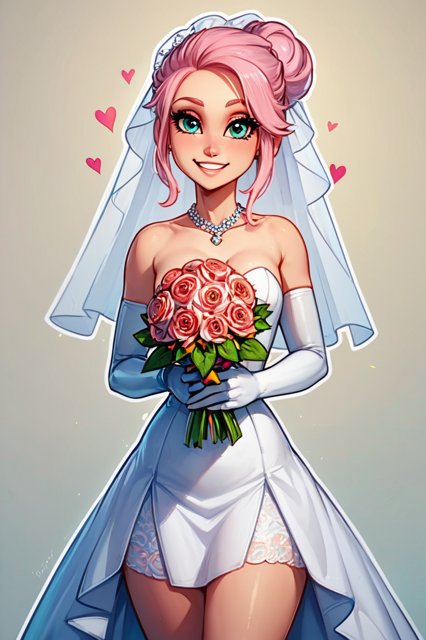 score_9, score_8_up, score_8, medium breasts, (curvy), cute, eyelashes,       BREAK, , zzBrooklynn, pink hair, single hair bun,  <lora:Brooklynn_Jurassic_Park_PDXL_v2:0.7>, , BREAK, smile, looking at viewer,  bride, wedding dress, bridal veil, strapless dress, elbow gloves,  holding bouquet,  hearts, white outline, cowboy shot, embedding:zPDXL, Expressiveh, <lora:CatalystStylePDXL:0.6>,  <lora:SDXLFaeTastic2400:0.5>,  <lora:Expressive_H-000001:0.4>,
